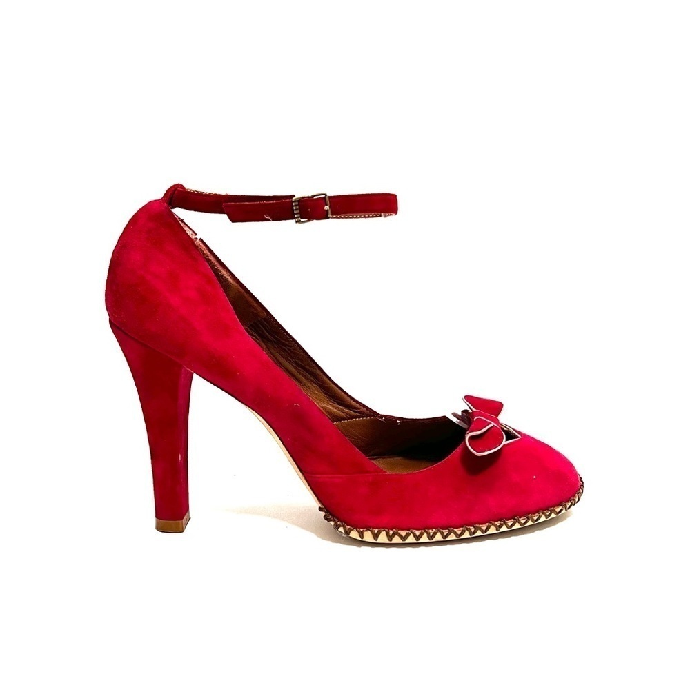 MARC JACOBS | Vintage 1990s red suede cutout bow ankle strap heels